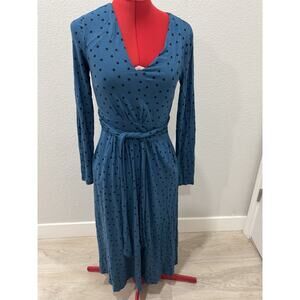 Blue Polka Dot Long Sleeve Midi Dress Wrap Style Tie Waist Casual